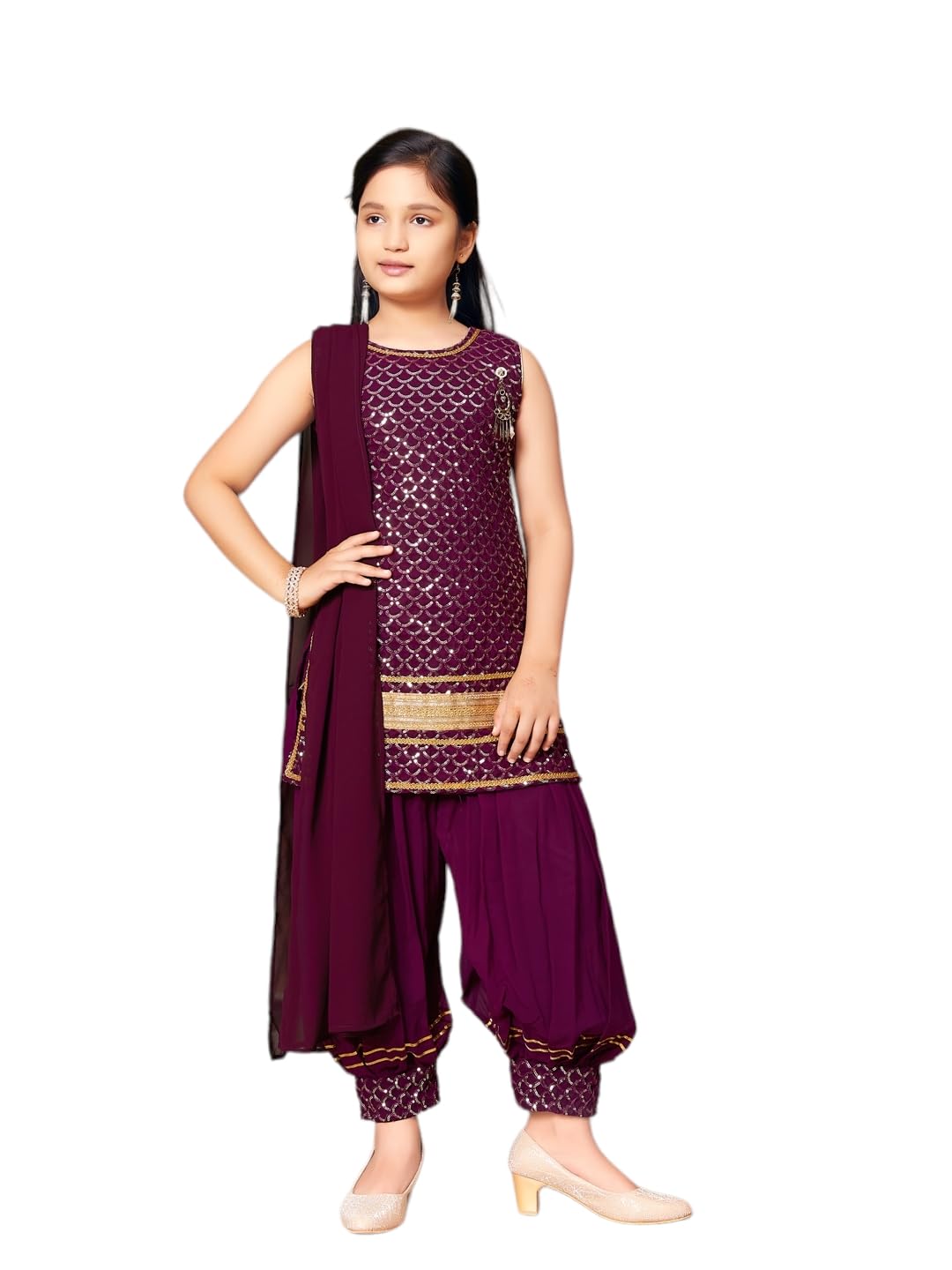 Aarika Girls Ethnic Wear Purple Colour Sequin Embroidery Lace Work Georgette Kurti Patiala Set (10-15 Years)