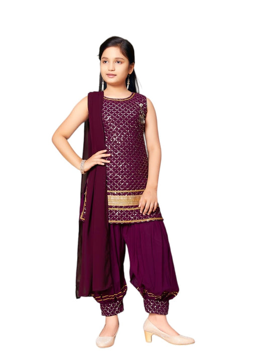 Aarika Girls Ethnic Wear Purple Colour Sequin Embroidery Lace Work Georgette Kurti Patiala Set (10-15 Years)
