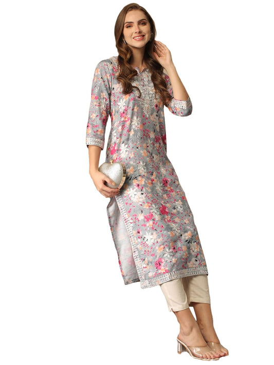 ANNI DESIGNER Kurta Straight Fit Rayon Women s, grey, XL