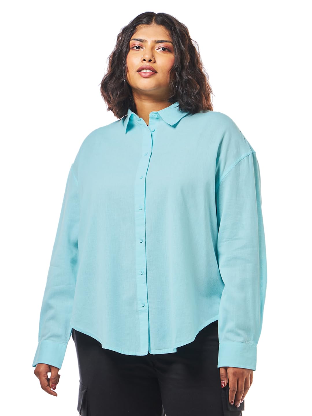 Bewakoof Womens Solid Oversized Fit Full Sleeve Collared Cotton Linen Plus Size Shirt_ 628210_ Blue_ 6XL