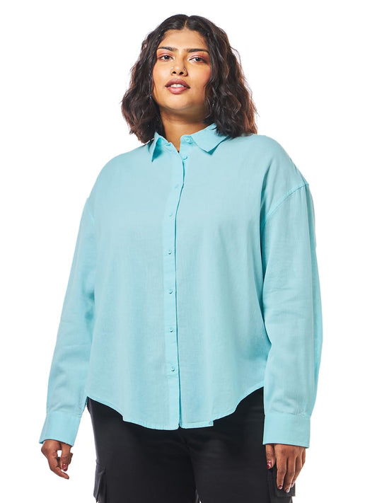 Bewakoof Womens Solid Oversized Fit Full Sleeve Collared Cotton Linen Plus Size Shirt_ 628210_ Blue_ 6XL