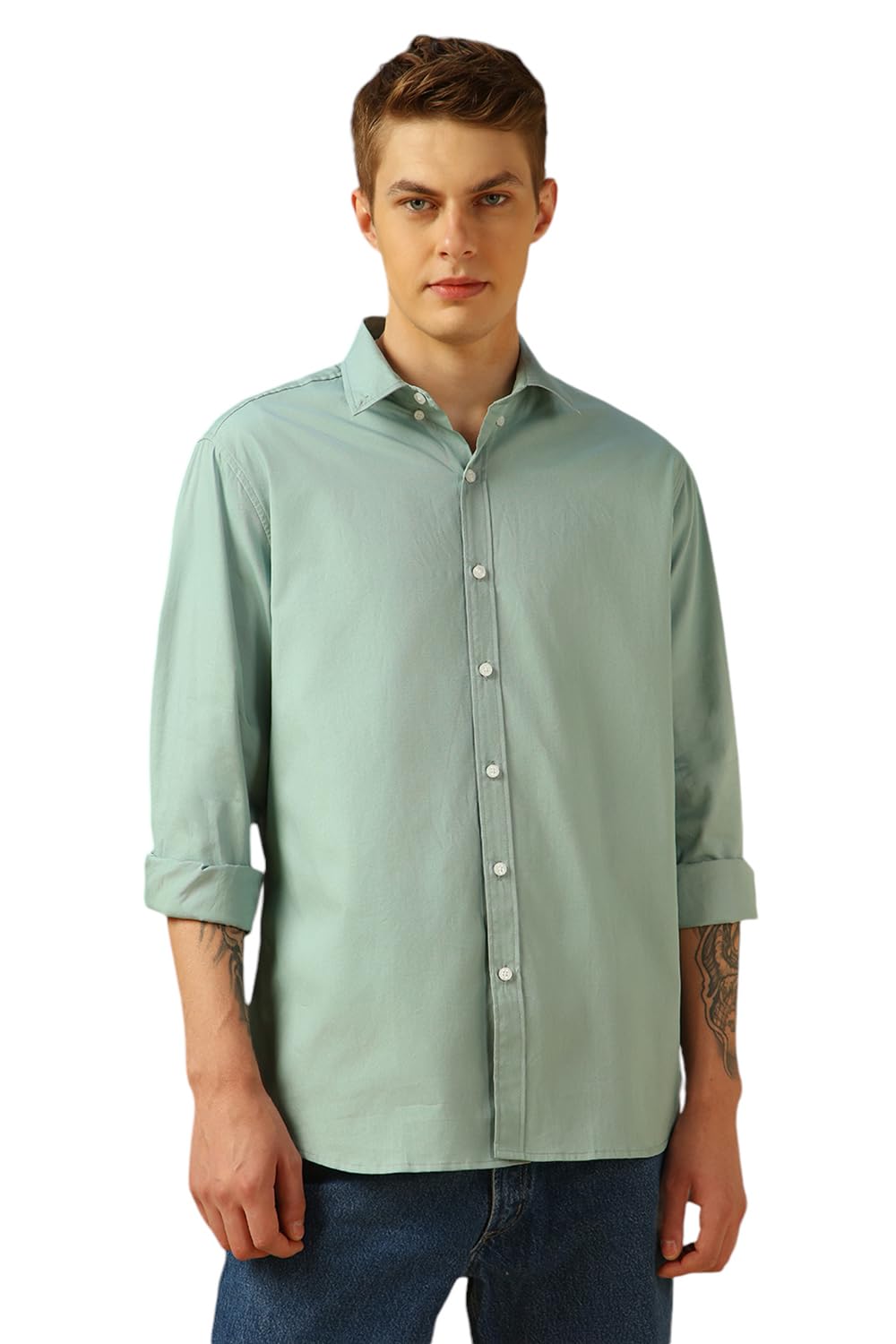 Dennis Lingo MenS Sage Green Full Sleeve Spread Collar Solid Regular Fit Casual Shirt
