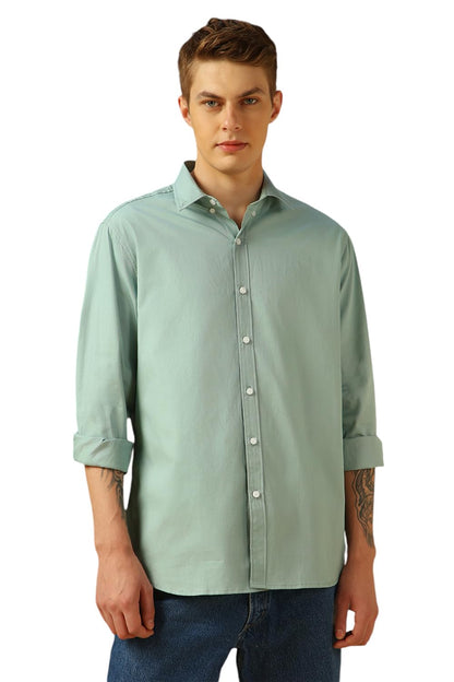 Dennis Lingo MenS Sage Green Full Sleeve Spread Collar Solid Regular Fit Casual Shirt