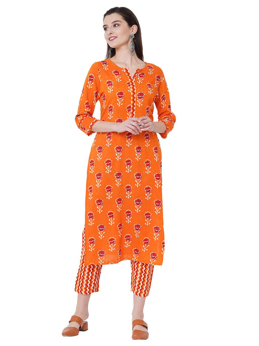 GoSriKi Women's Pure Cotton Flower Print Kurta with Palazzo (Orange Flower_GO)