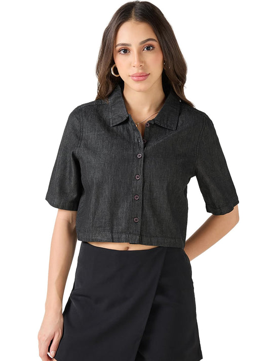 Bewakoof Womens Solid Regular Fit Half Sleeve Collared Neck Pure Cotton Shirt_633536_Black_L