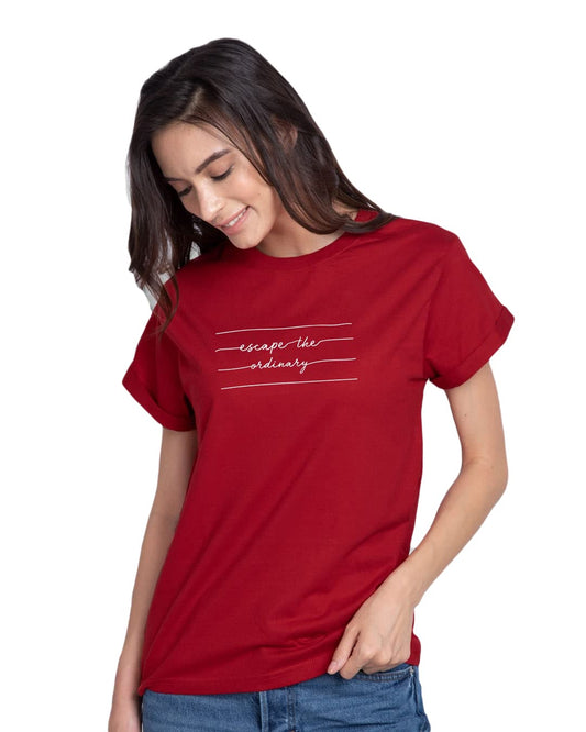 Bewakoof Womens Typography Boyfriend Fit Half Sleeve Round Neck Cotton Loose Fit T-Shirt, Small, Red