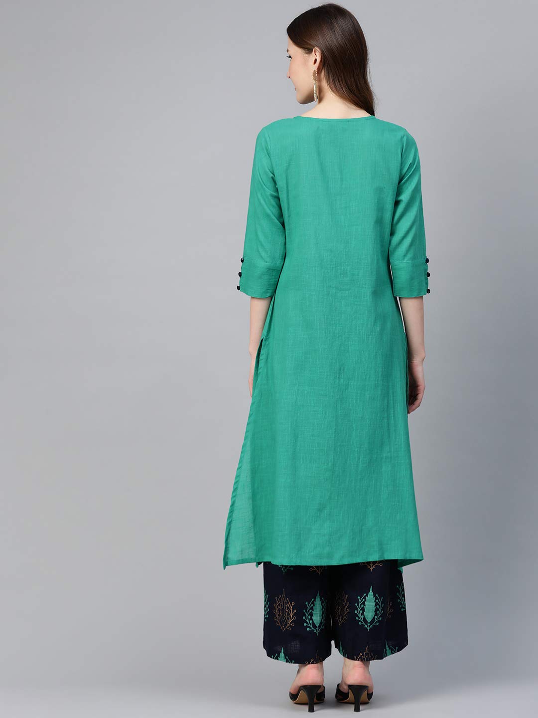 idaLia Navy Blue & Rama Green Ethnic Kurta Set for Women 3/4 Sleeve, Round Neck Cotton A-line Solid Kurta with Palazzo Pant Set