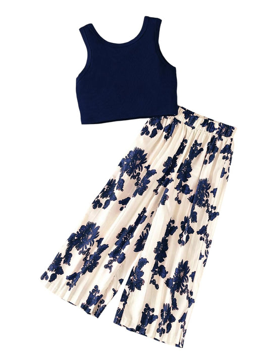 TAGAS Girls Polyester Solid Tank Top & Polka Dot Wide Leg Pants || COORDINATED OUTFIT || DRESS || TOP WITH PALAZZOS ||(GTP), Nav