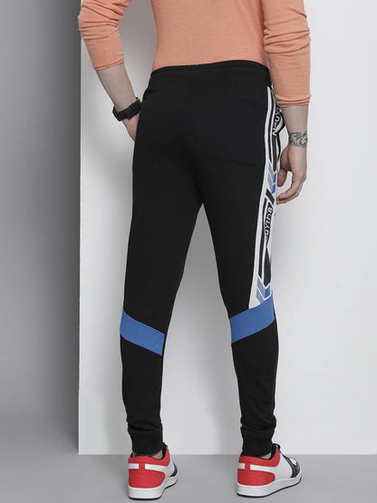 The Indian Garage Co Men Slim Fit Placement Print Mid-Rise Knitted Joggers Black