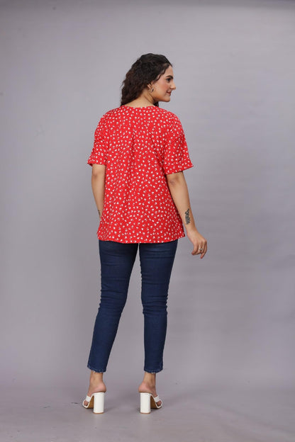PATLANI Womens Red Floral Printrd Fullstitched Crepe Top.