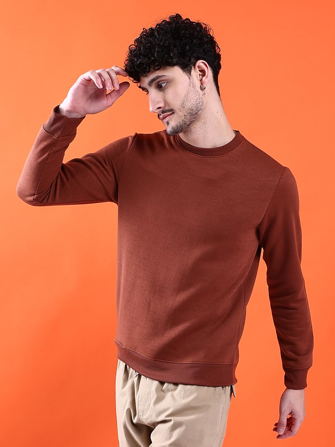 The Indian Garage Co Mens Polyester Crew Neck Sweatshirt (0123-EL-DSWT-01_Wholegrain