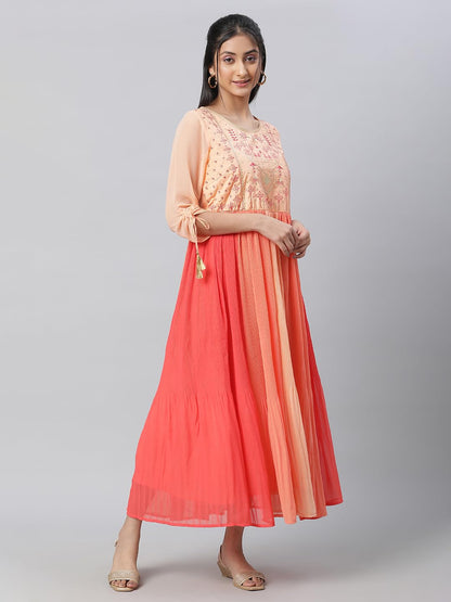 Aurelia Women Orange Solid Polyester Flared Dress