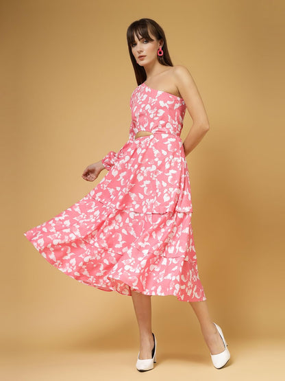 Oomph! WomenS Western & Fusion Wear Printed Crepe Dress For Women, One Shoulder, Pink - Md1062