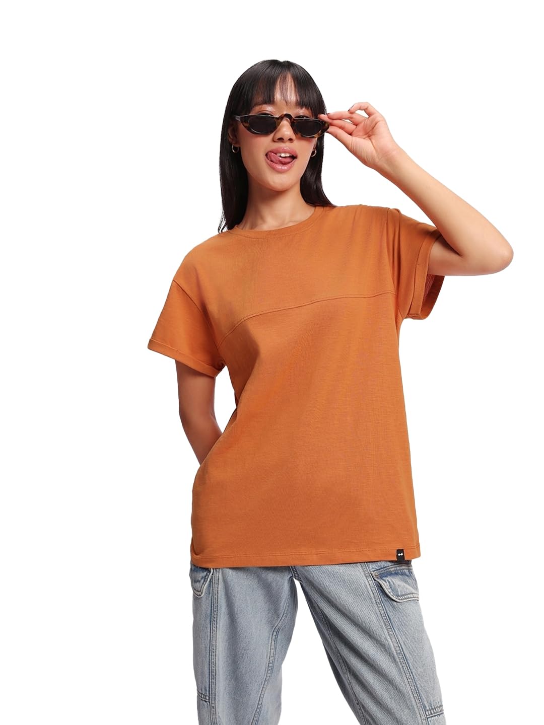 Bewakoof Air 1.0 Womens Solid Boyfriend Fit Half Sleeve Round Neck Cotton T-Shirt_ 582060 Orange M