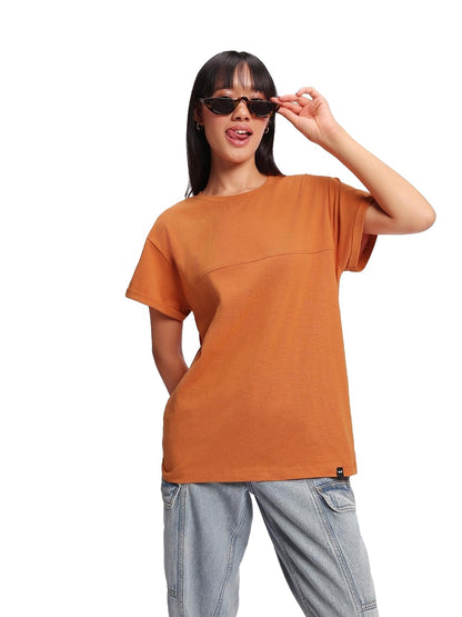 Bewakoof Air 1.0 Womens Solid Boyfriend Fit Half Sleeve Round Neck Cotton T-Shirt_ 582060 Orange M