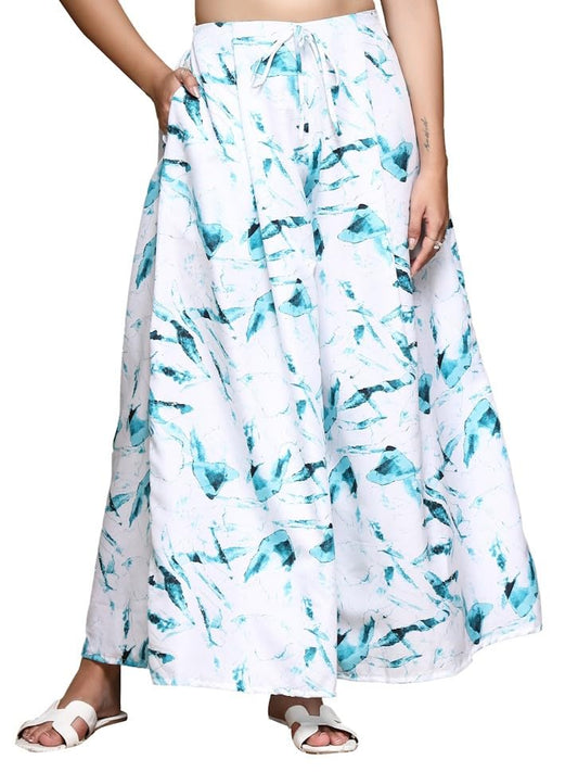 OOMPH! Women Crepe Flared Printed Palazzo Elasticated Waist Loose-fit & Regular, Casual Wear Aquamarine Blue