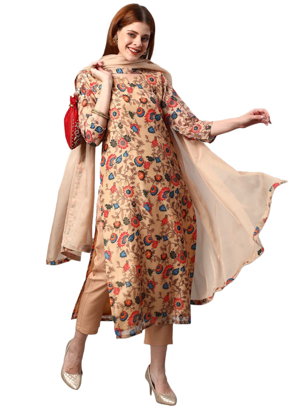 ANNI DESIGNER Womens Cotton Blend Floral Printed Straight Kurta with Pants & Dupatta (MADHUBANI-Beige_XL_Beige_X-Large)