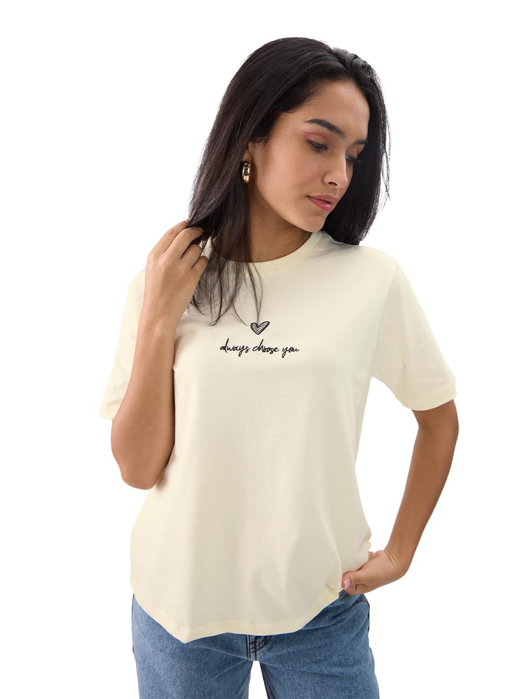 The Souled Store Solids: Off-White Women and Girls Short Sleeves Round Neck Cotton Relaxed Fit T-Shirts
