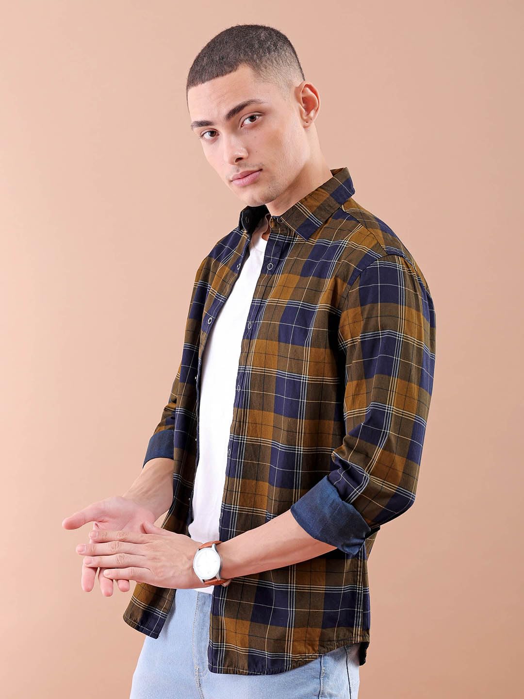 The Indian Garage Co Yellow Regular Fit Spread Collar Checkered Long Sleeves Shirt