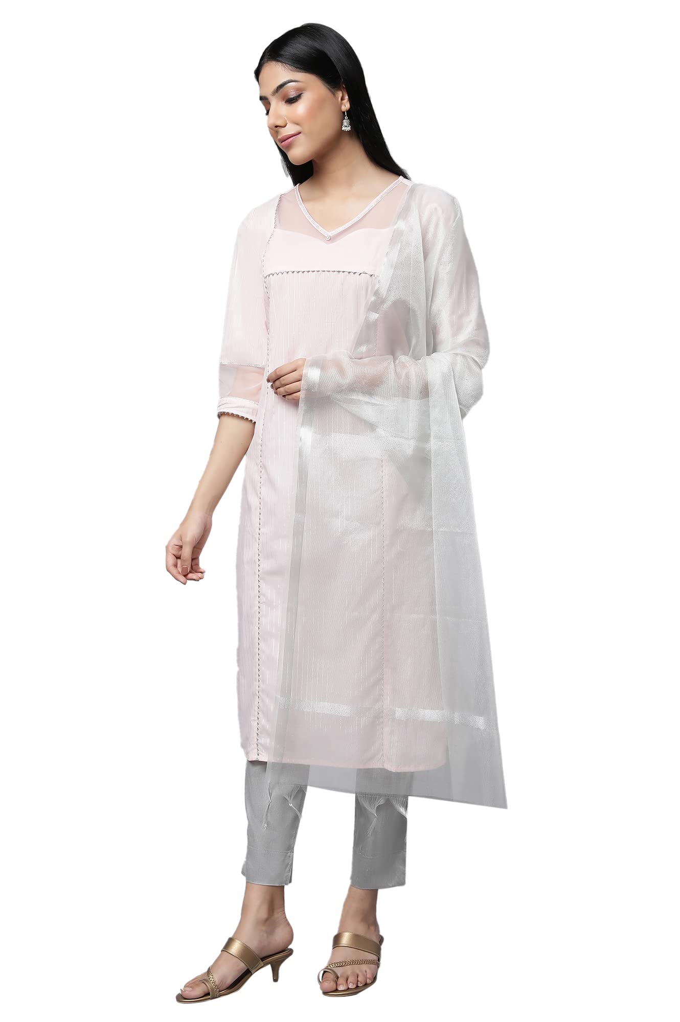 Aurelia Women'S Cotton Blend Stripes Kurta & Trouser & Dupatta (23Feas14457-704155_Pink