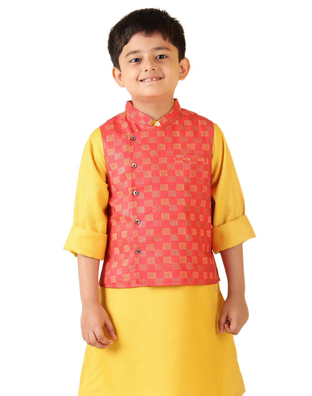 Fabindia BoyS Red Viscose Blend Sleeveless Nehru Jacket (100039401