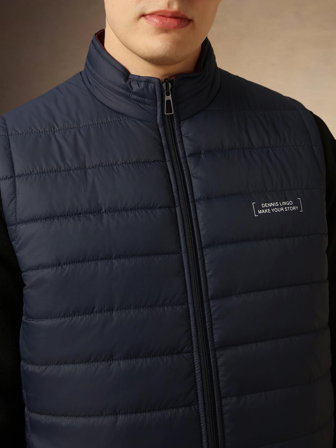 Dennis Lingo Men Navy Blue Solid Regular Fit Sleeveless Mock Collar Padded Jacket