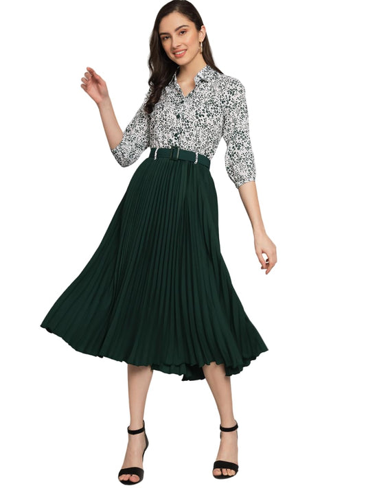 Kzully WomenS Print 3/4 Sleeve Pleated Midi Dress With Belt Green