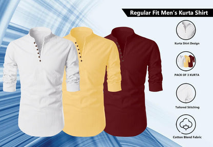Finivo Fashion MenS Cotton Blend Regular Fit Solid Casual Kurta Shirt Pack Of 3