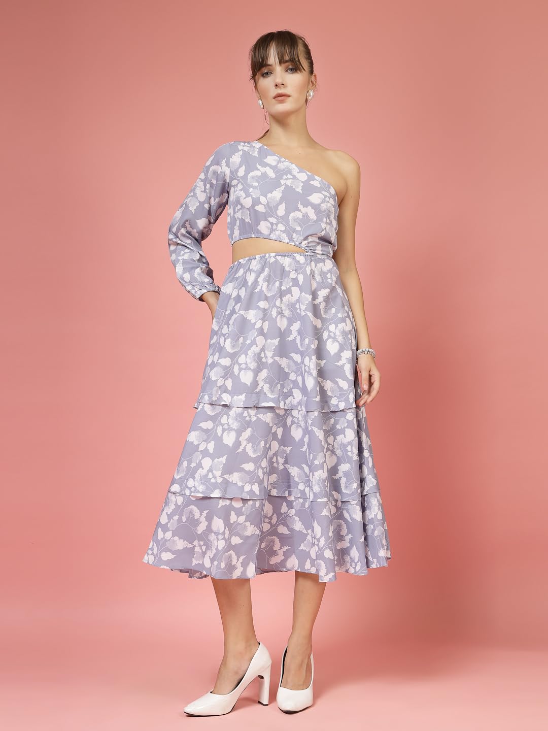 Oomph! WomenS Crepe A-Line Midi Dress (Waist Cutout One Shoulder_Slate Grey