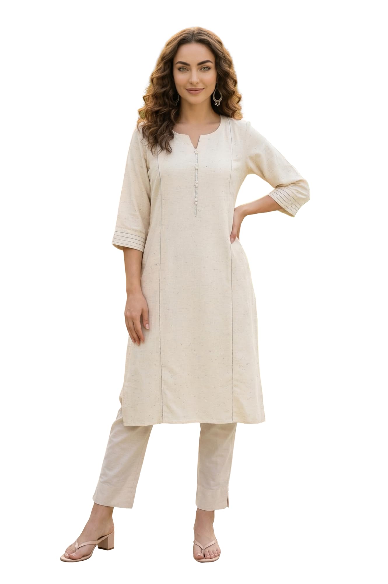 Aurelia Women's Beige Solid Yarn Dyed Cotton Blend Straight Kurta - (A16518-706472-M)