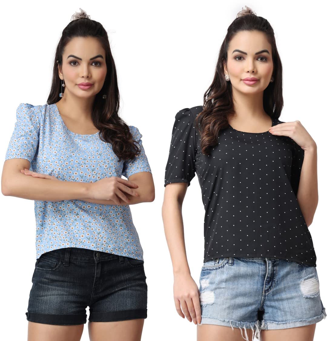 POPWINGS Casual Floral Printed Round-Neck Puff-Sleeves Tops Combo for Women