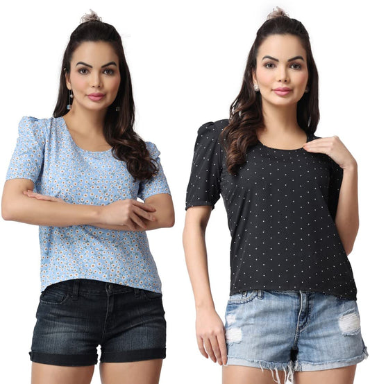 POPWINGS Casual Floral Printed Round-Neck Puff-Sleeves Tops Combo for Women