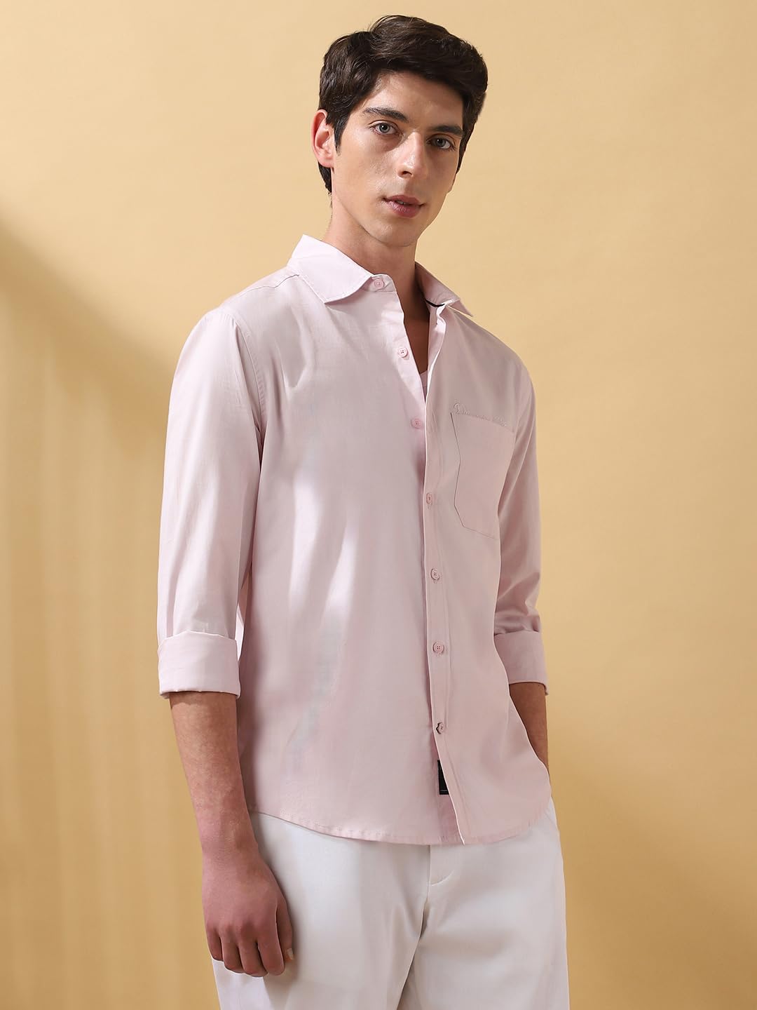 Dennis Lingo Men Solid Cotton Spread Collar Full Sleeves Regular Fit Shirt Light Pink