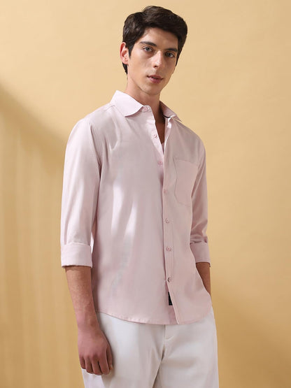 Dennis Lingo Men Solid Cotton Spread Collar Full Sleeves Regular Fit Shirt Light Pink