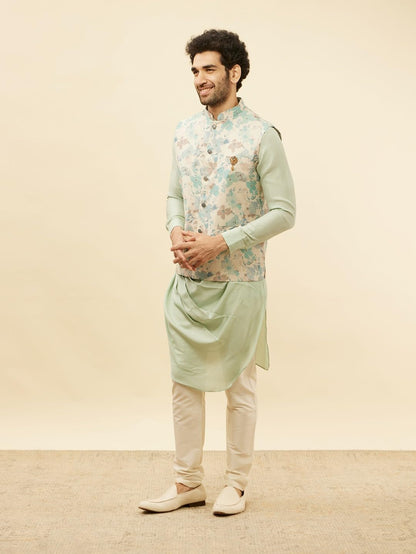 Manyavar Mens Beige Blended Linen Printed Kurta Trouser Jacket Set