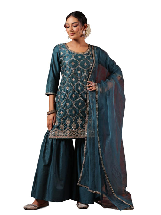 Ishin WomenS Poly Silk Self Design Zari Teal Straight Kurta Suit Set With Sharara & Dupatta