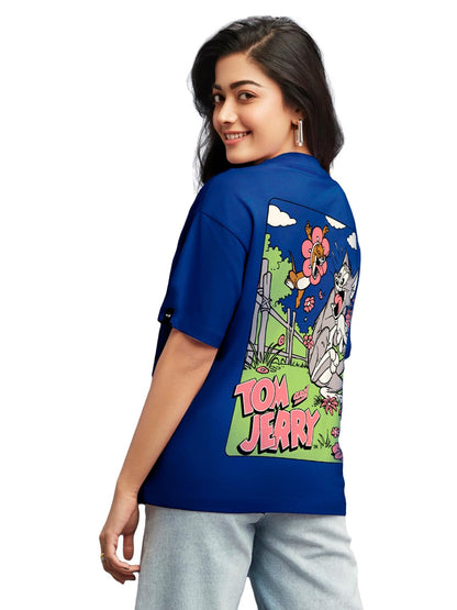 Bewakoof X Official Tom & Jerry Merchandise Womens T&J Scare Graphic Printed 100% Cotton T-Shirt - Oversized Fit, Round Neck, H