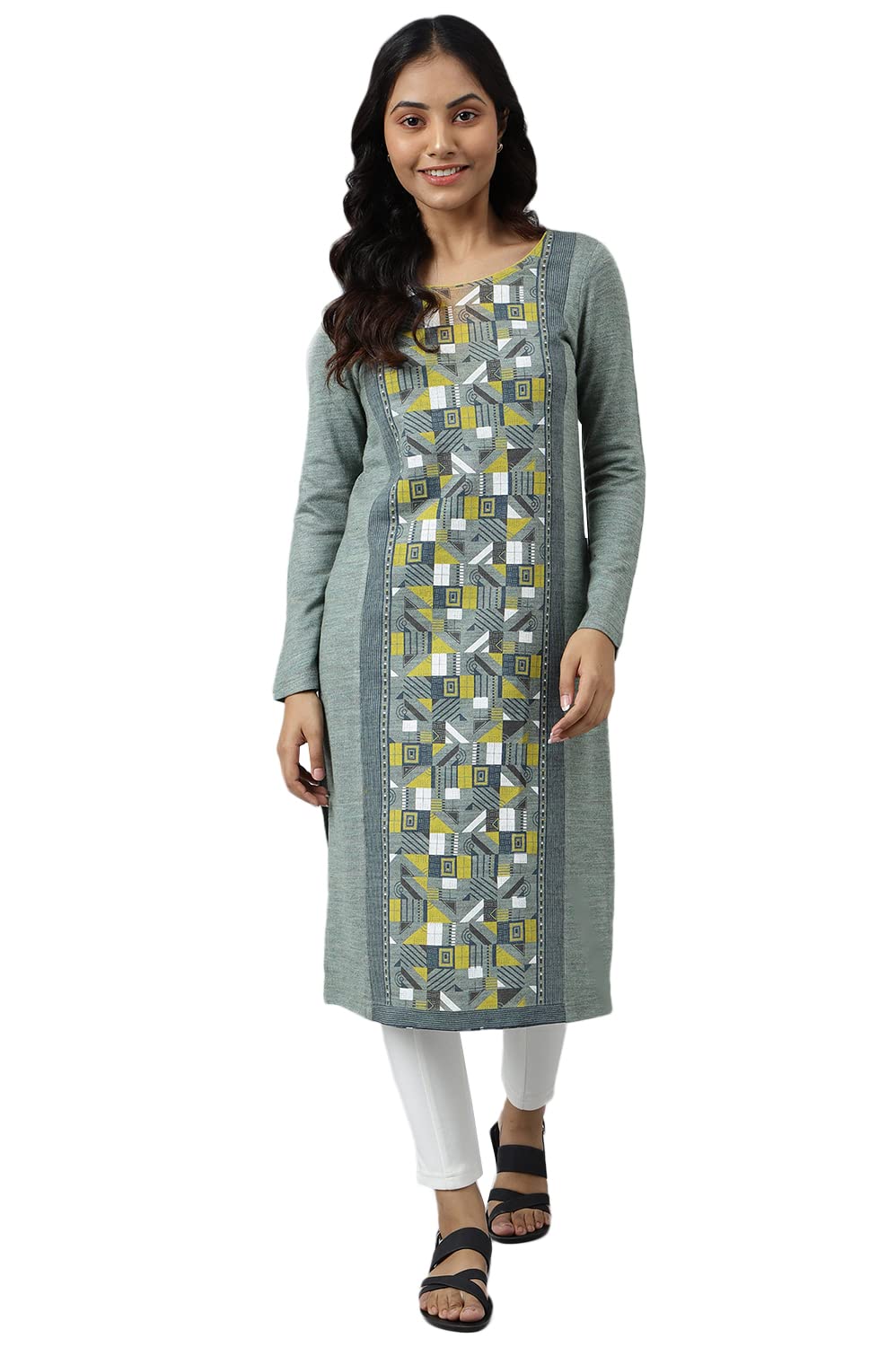 Green Placement Print Ethnic Plus Size Winter Kurta