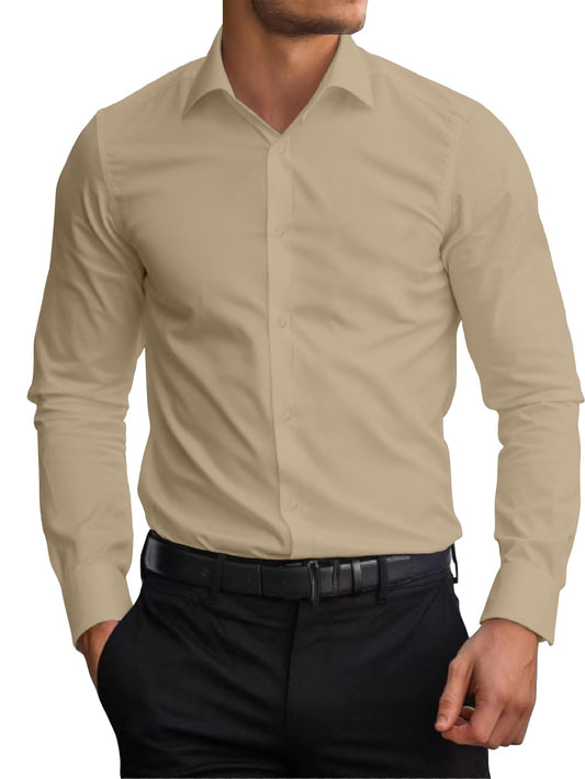 AVANOVA Mens Beige Long Sleeve, Slim Fit Button Down Dress Shirt for Men | Casual Office Wear | Formal Business Shirts | Stylis