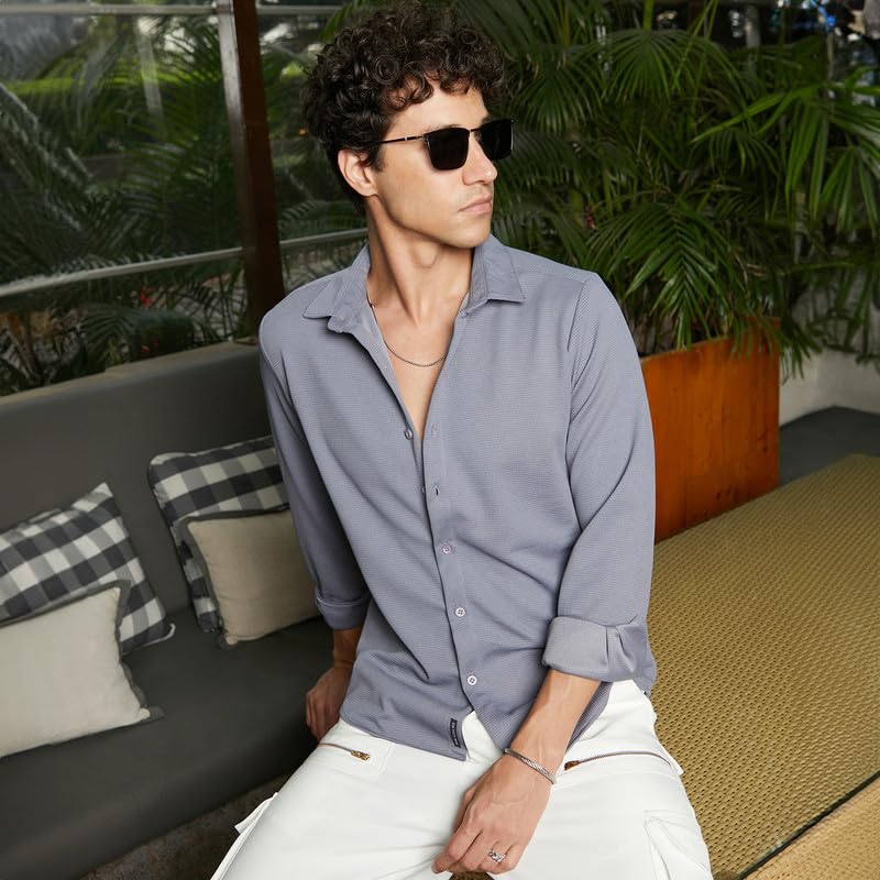 Campus Sutra Mens Coin Grey Waffle-Textured Shirt for Casual Wear | Spread Collar | Long Sleeve | Button Closure | Shirt Crafte