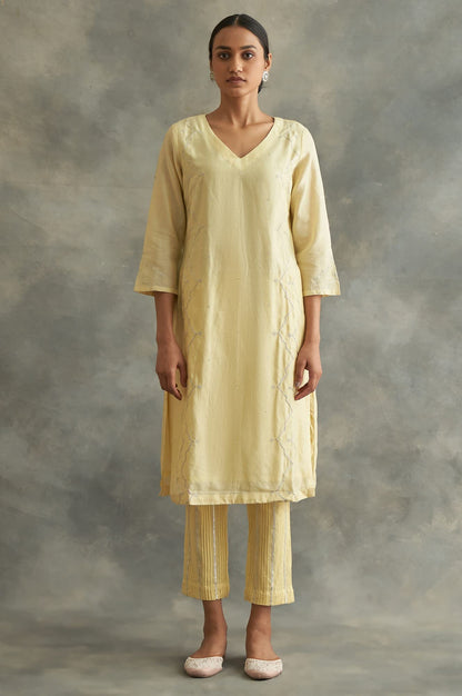 W For Woman Yellow Cotton Silk Gota Kurta