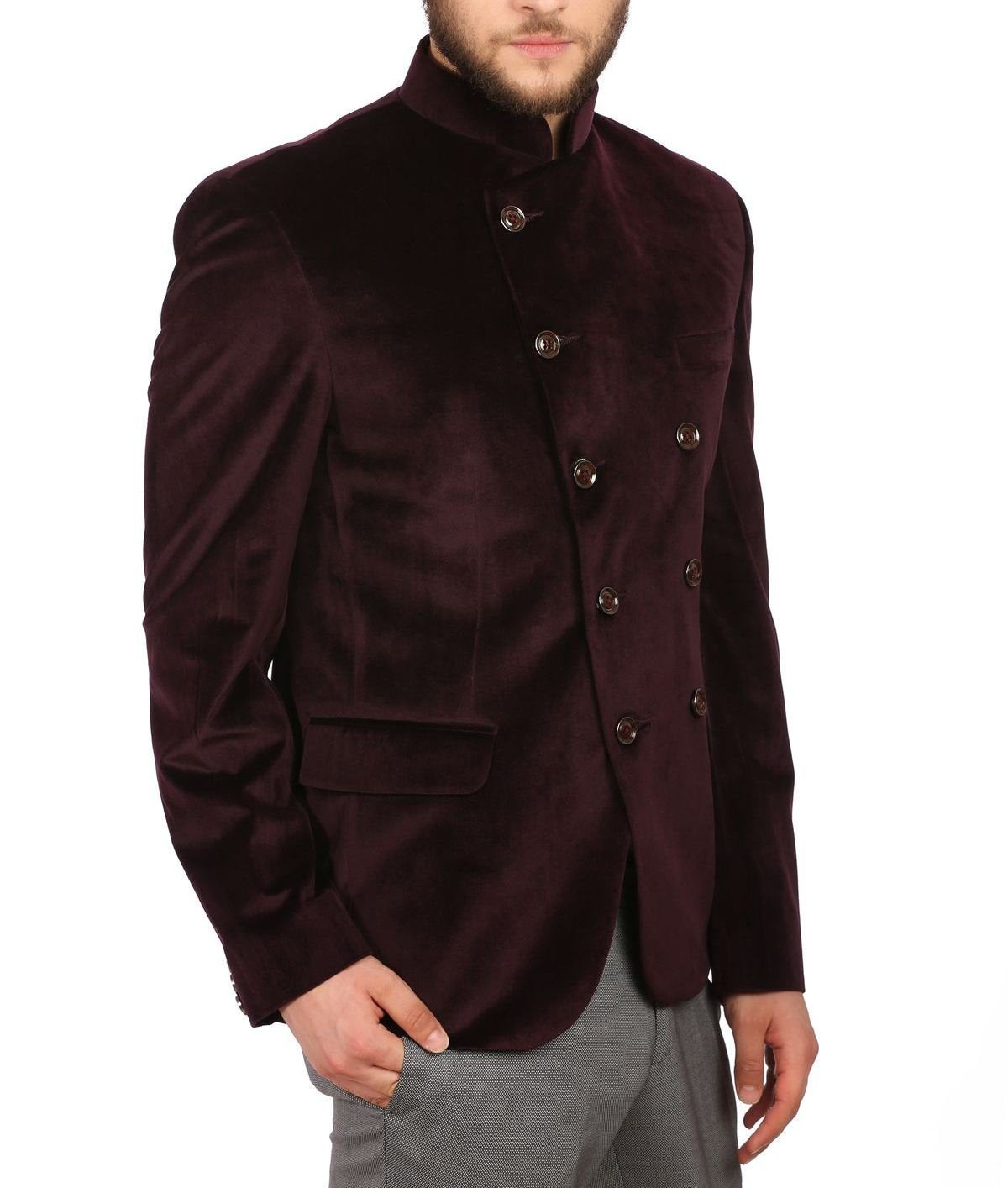 WINTAGE Mens Velvet Grandad Collar Festive Maroon Blazer