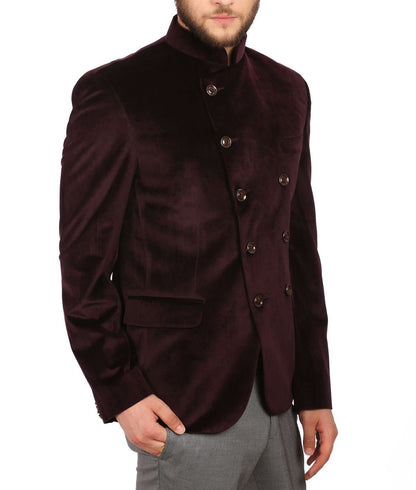 WINTAGE Mens Velvet Grandad Collar Festive Maroon Blazer