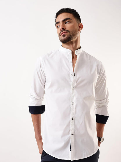 Dennis Lingo Men White Solid Chinese Collar Full Sleeves Regular Fit Cotton Casual Shirt
