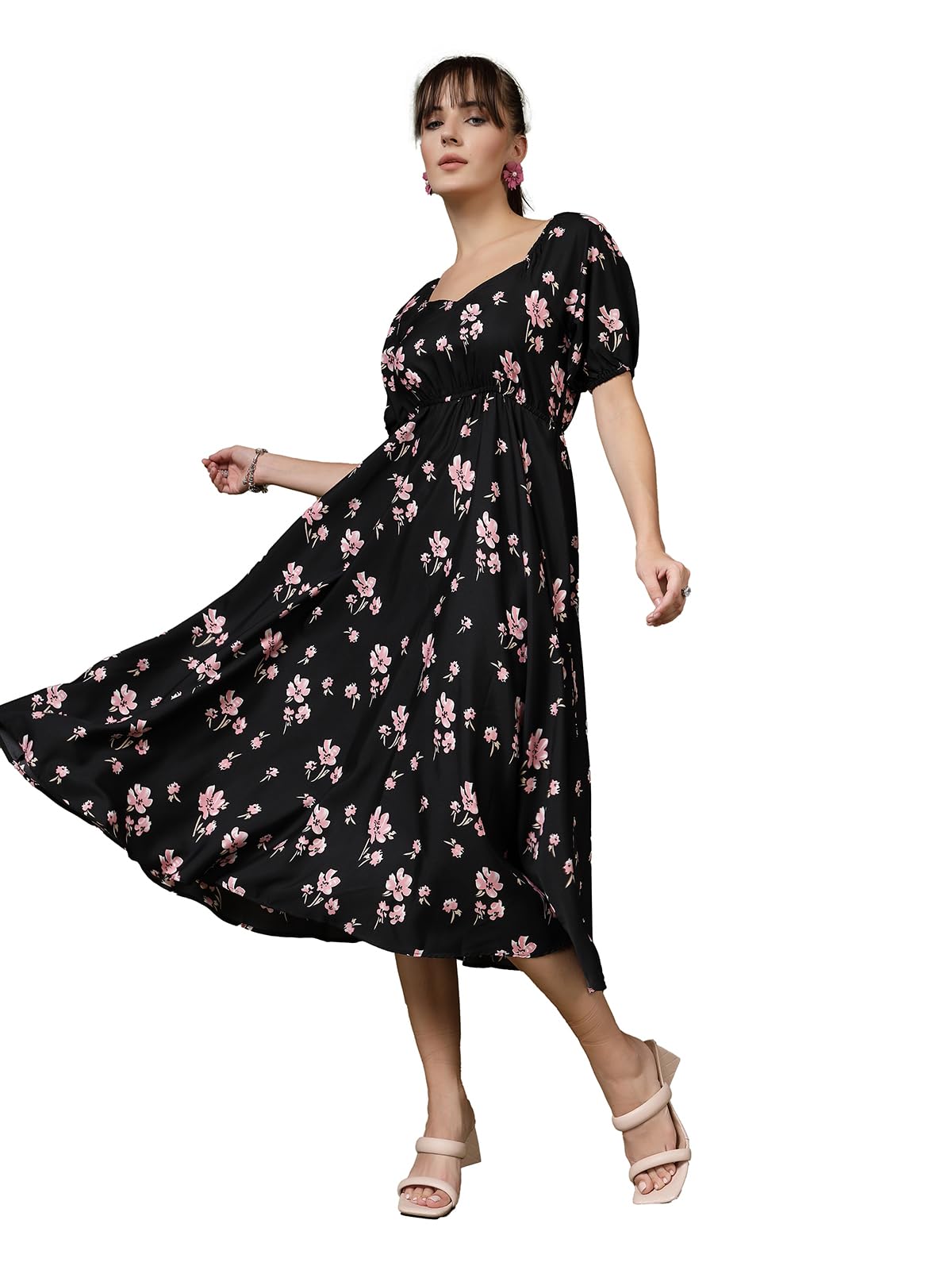 Oomph! Flared Dress For Women Stylish | Long One Piece For Women | Puff Sleeve Long Dress | Floral Print Maxi One Piece | Wester