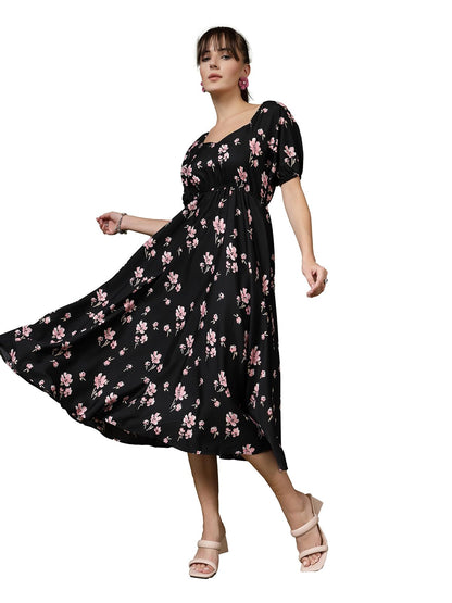 Oomph! Flared Dress For Women Stylish | Long One Piece For Women | Puff Sleeve Long Dress | Floral Print Maxi One Piece | Wester