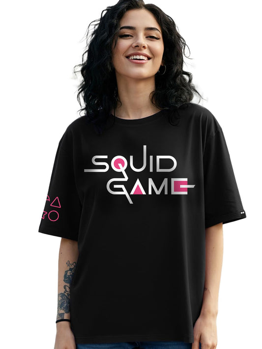 Bewakoof Official Squid Game Merchandise Womens Typography Oversized Fit Half Sleeve Round Neck Cotton Jersey T-Shirt_655109_Bl