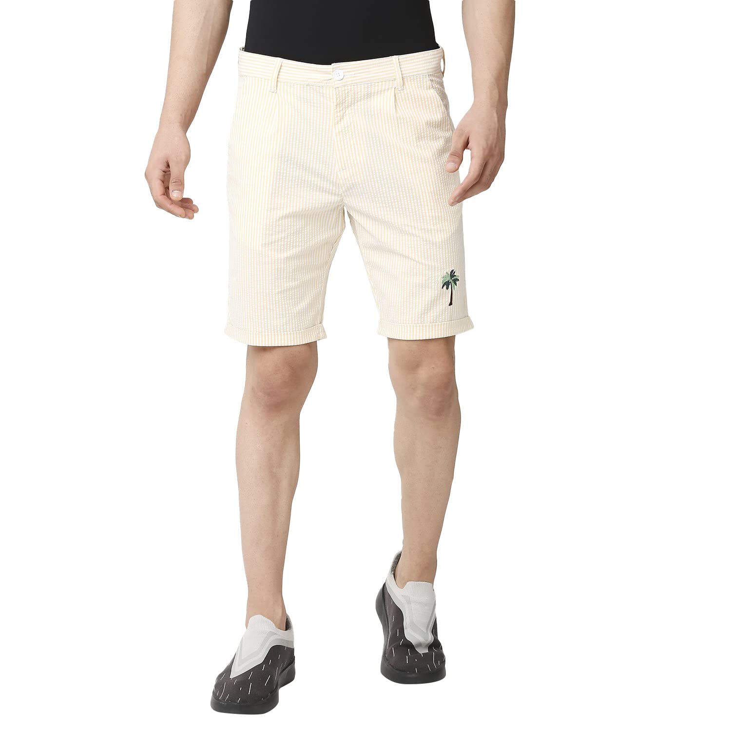 Thomas Scott Mens Checkered Slim Fit Seersucker Shorts Yellow