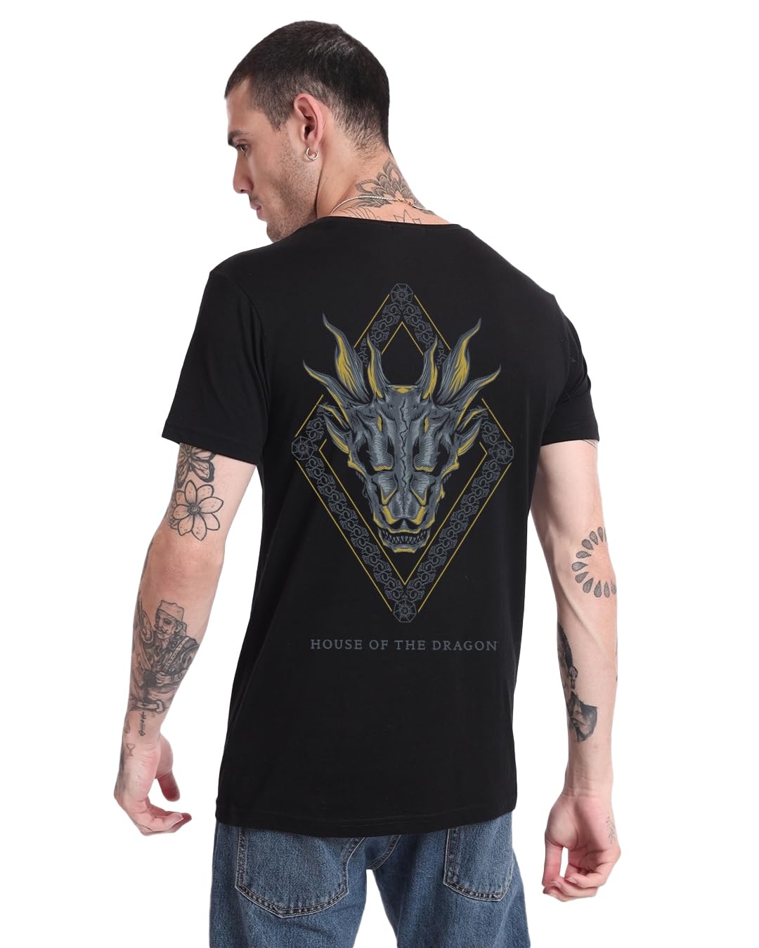 Bewakoof Official House of The Dragon Merchandise Mens Graphic Printed Regular Fit T-Shirt_539998_Black_S