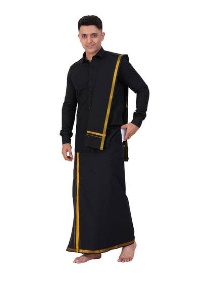 Prakasam Cotton Mens Flexi Readymade Black Jari Border Dhoti + Full Sleeve Black Shirt + Matching Black Jari Border Towel
